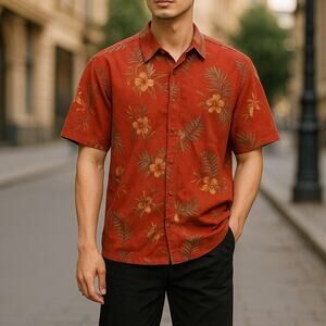 Summa Silk Floral Hawaiian Shirt Red Short Sleeve Beach Summer Mens Size XXL